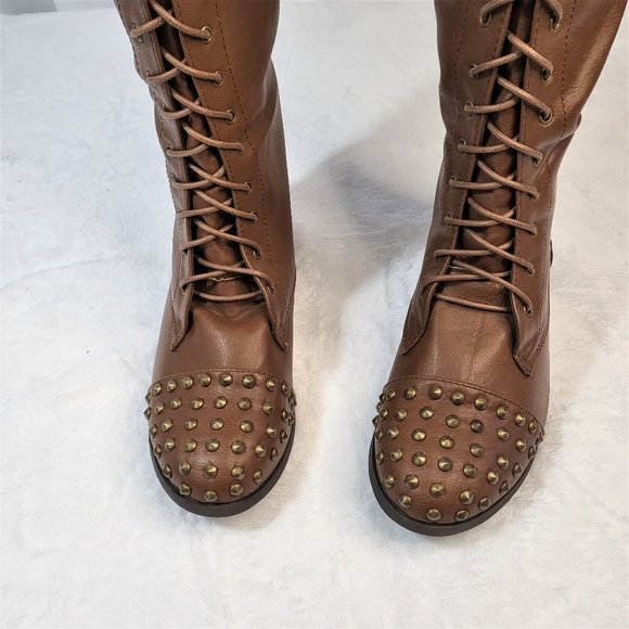 Pink Dutchess Chunky Heel Lace-Up Over The Knee Riding Boots With Studds - Picture 3 of 9